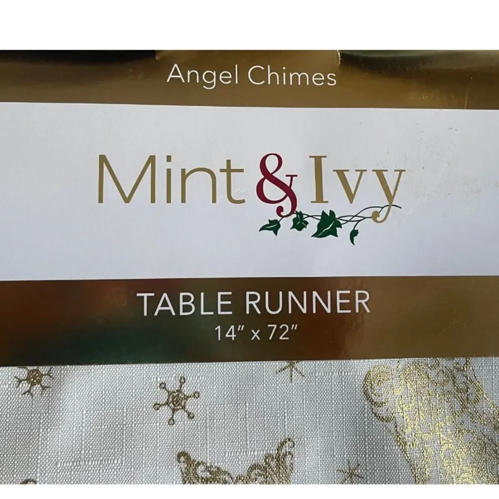 Christmas Table Runner 14 x 72 Decorative White and Gold Angel Chimes Polyester